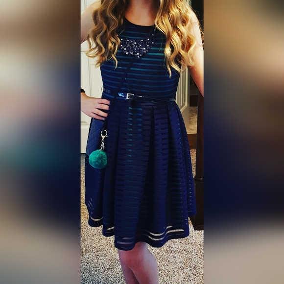 Striped Navy Blue and Teal Kids Dress - Picture 3 of 3